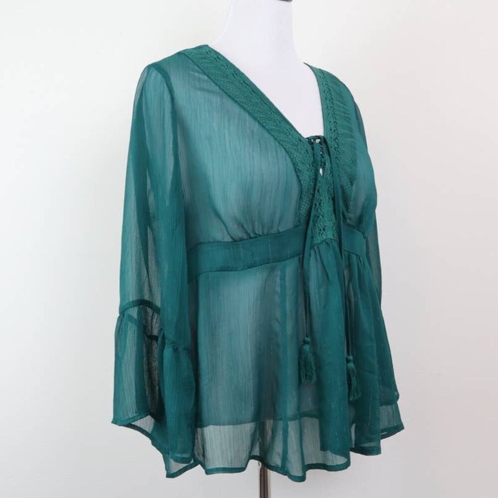 Torrid Size 0 L Babydoll Chiffon Blouse Bell Sleeve Lace-Up Green - Picture 7 of 12